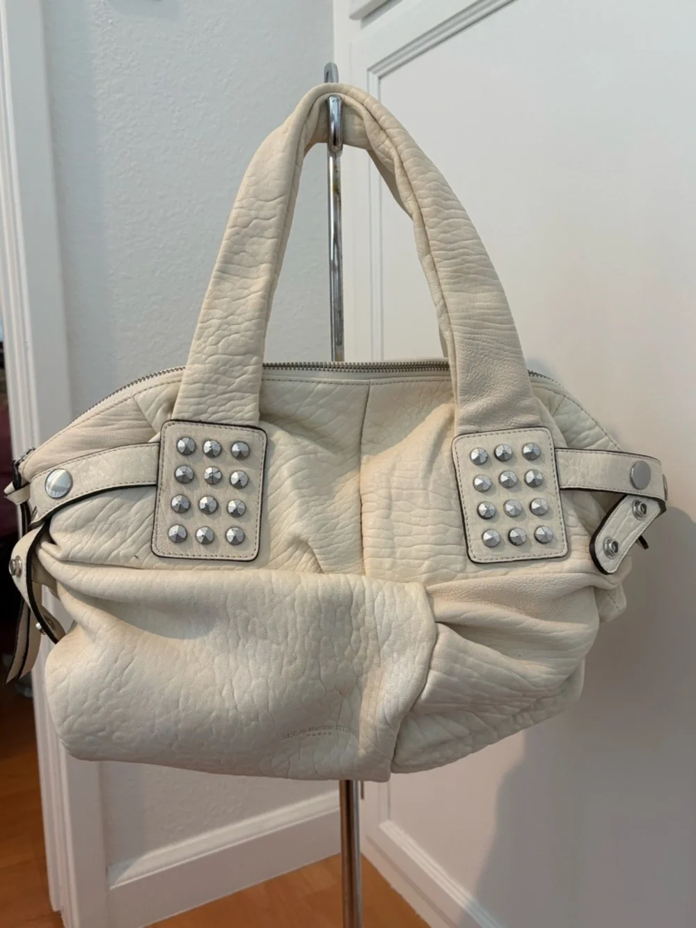 Cream Studded Top-Handle Satchel Handbag